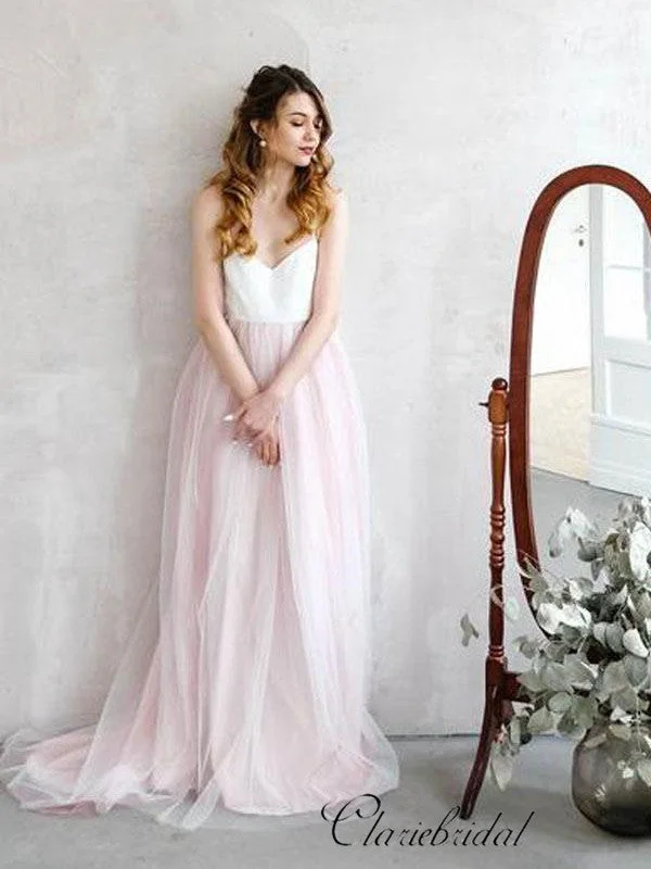 Women's Formal Event Attire Feminine Flow Spaghetti Boho Simple Pale Pink Tulle Wedding Dresses