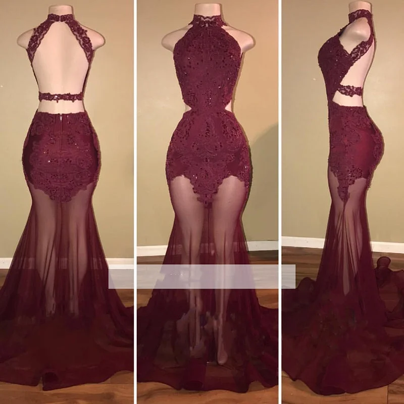 Affordable Luxury Women's Garments Cottagecore Rustic Charm Style Red Wine African Prom Dress Mermaid Sexy See Through High Neck Halter Lace Women Formal Gown Evening Party Dress