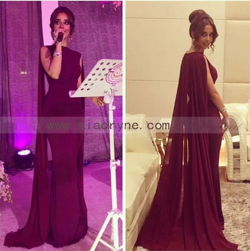 Women's Elegant Formal Outfit Feminine Soft - Hued Styles Women Burgundy/Red Long Evening Dress with Cape Arabic Formal Gown Mermaid Gown 2018 LP5570