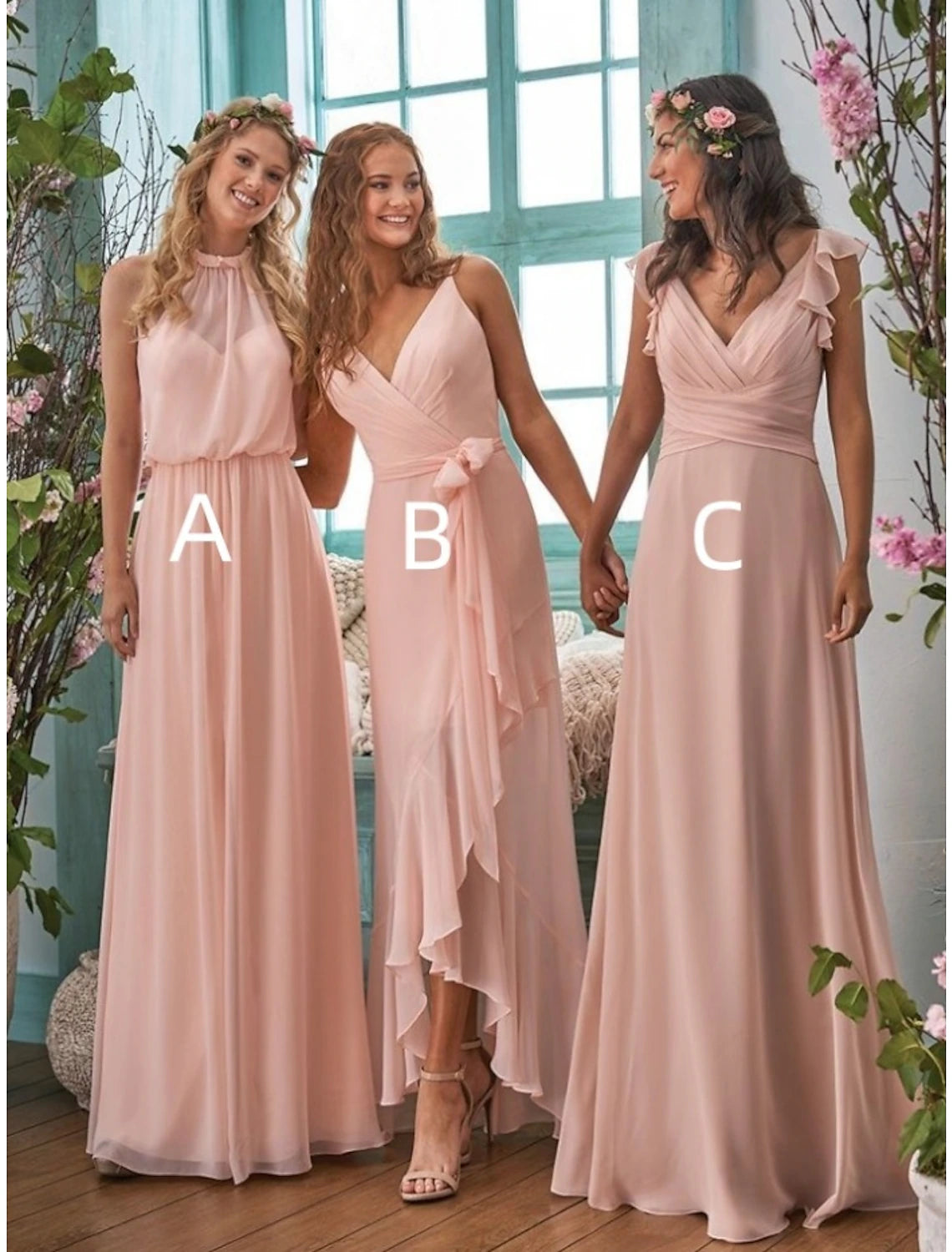 Affordable Women's Garments Coastal Beach - Inspired Style A-Line Bridesmaid Dress Halter Neck / V Neck Sleeveless Elegant Floor Length Chiffon with Split Front / Ruching / Solid Color