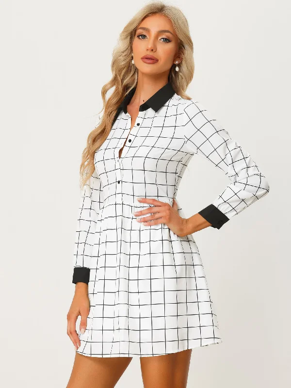 Women's Clothing For Everyday Wear Limited Quantities Casual Grid Plaid Long Sleeve Contrast Color Collared Shirt Dress