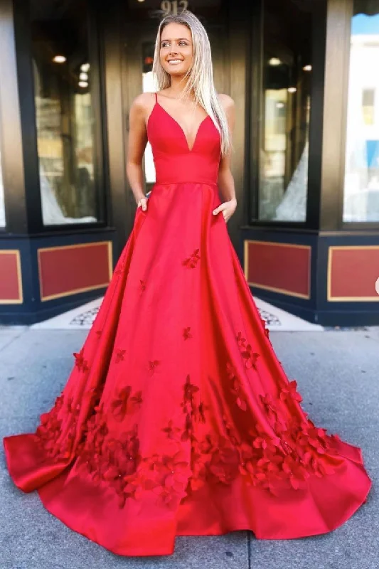 Women's Chic Outerwear Garments Holiday Sale Red v neck satin long prom dress red satin long evening dress   cg15942