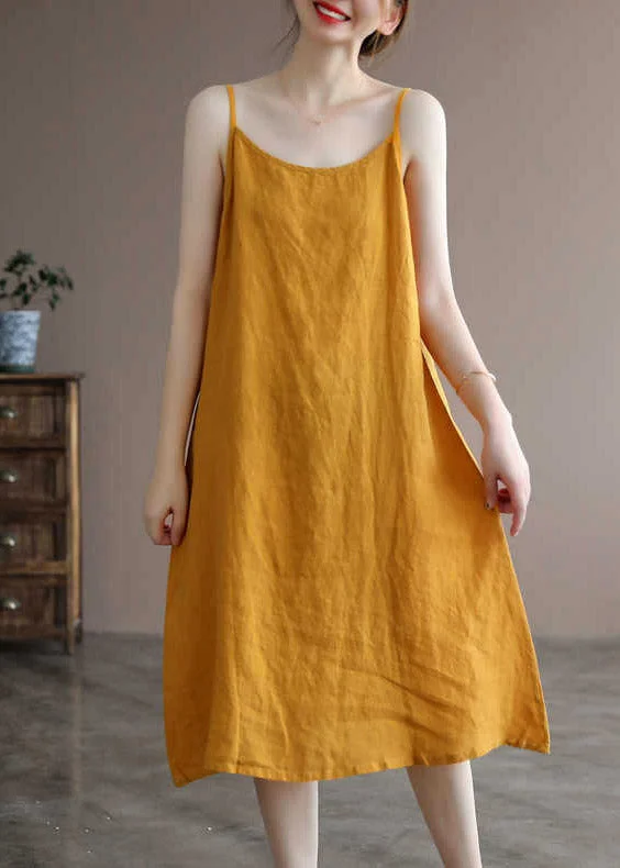 Formal Clothing For Women Grab Romantic Date - Night Styles Now Brief Yellow Slash Neck Spaghetti Strap Solid Dress Sleeveless