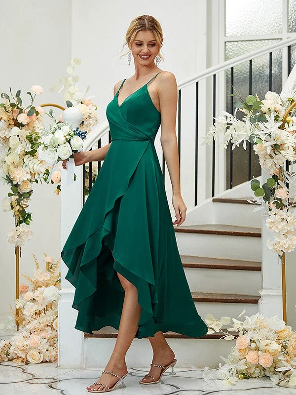 Women's Outerwear Clothing Grab Romantic Date - Night Styles Now A-Line/Princess Satin Chiffon Ruched V-neck Sleeveless Asymmetrical Bridesmaid Dresses