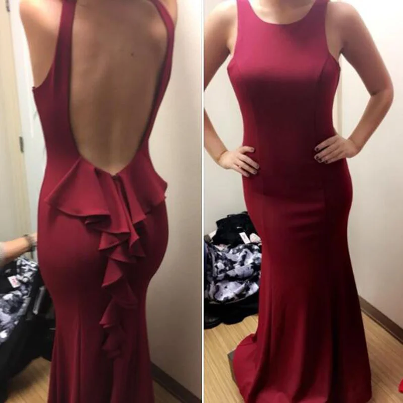 Women's Everyday Attire Feminine Soft - Hued Look LP5556 Scoop Neck Spandex Jersey Burgundy Evening Dress Long Fitted Gown Women Sexy Formal Dresses 2018