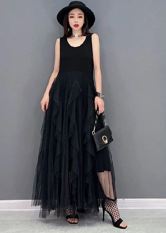 Luxury Women's Clothing Limited - Time Bundle Simple Black O-Neck Tulle Patchwork Cotton Dresses Sleeveless