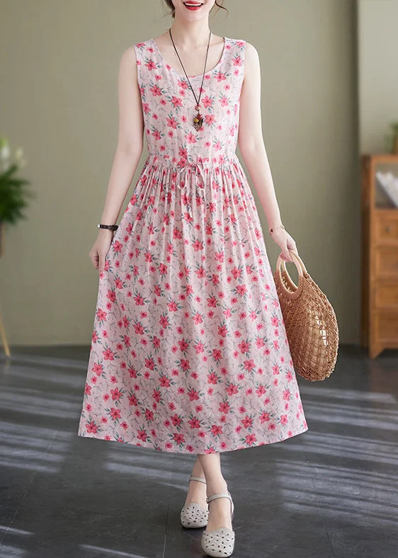 Women's Outerwear Clothing Ethnic Cultural Event Wear Elegant Pink Lace Up Wrinkled Print Cotton Long Dress Sleeveless