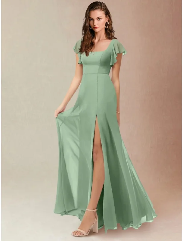 Women's Chic Outerwear Garments Early Access to Art Deco Styles Sale A-Line Bridesmaid Dress Square Neck Short Sleeve Elegant Floor Length Chiffon with Split Front / Ruching