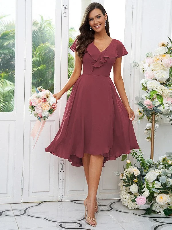 Women's Clothing Sets Weekend Special A-Line/Princess Chiffon Ruffles V-neck Short Sleeves Asymmetrical Bridesmaid Dresses