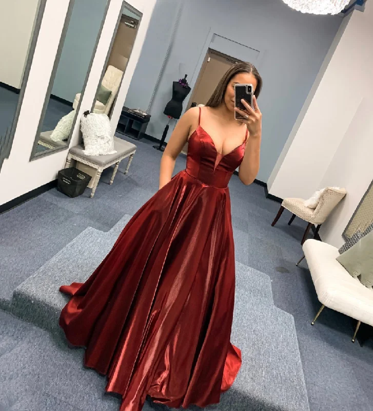 Women's Sporty Clothes Chic Allure BURGUNDY SATIN LONG PROM DRESS SIMPLE EVENING DRESS   cg15454