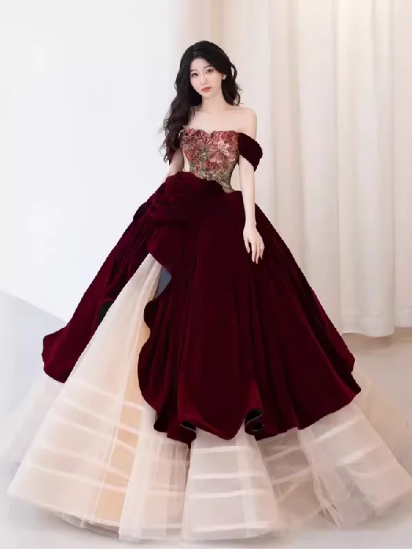 Vintage-Inspired Women's Clothes Elegant Contour Simple Ball Gown Strapless Red Tulle Long Prom Dresses C105