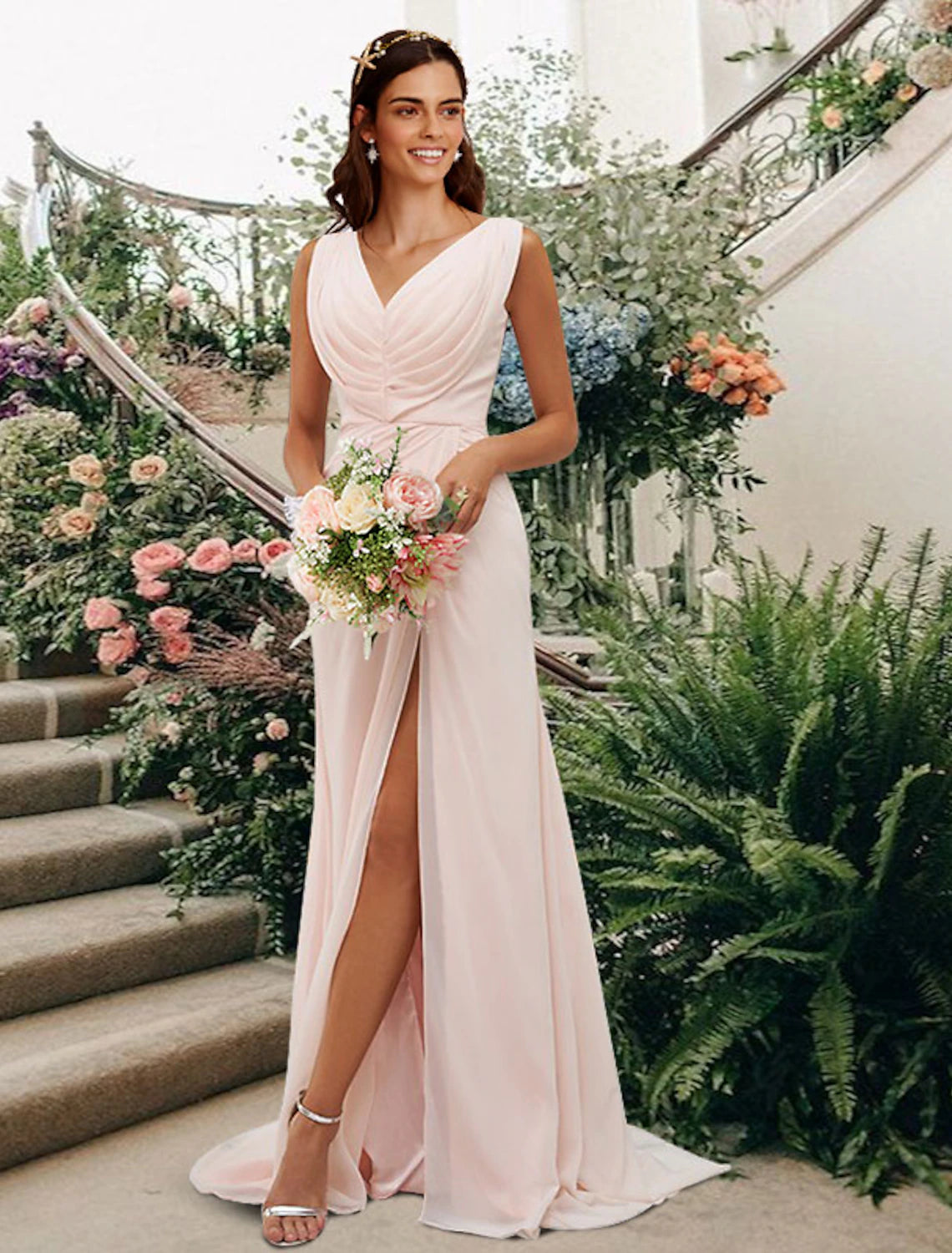 Women's Occasion Wear Clothing Romantic Date - Night Ensemble A-Line Bridesmaid Dress V Neck Sleeveless Elegant Floor Length Chiffon with Split Front / Ruching