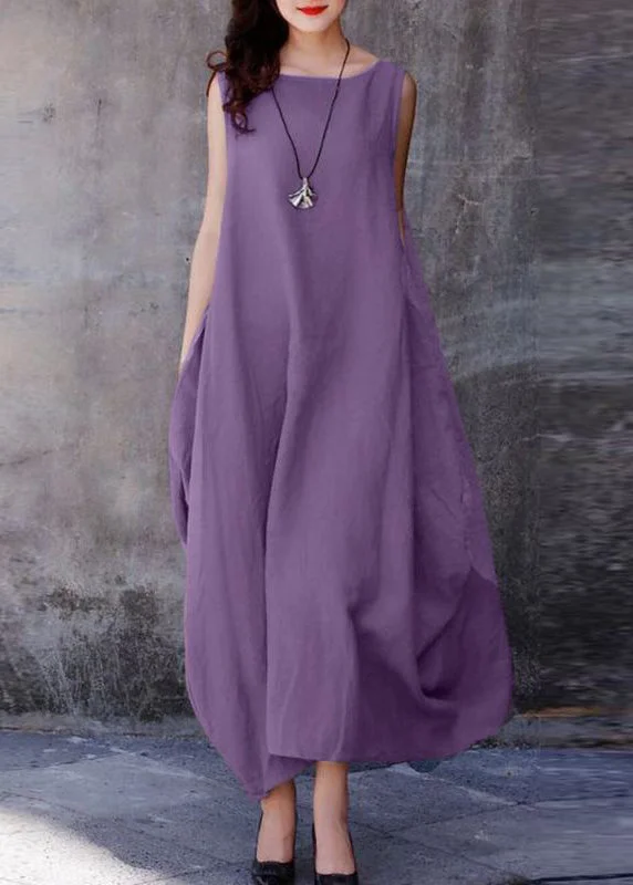 Casual Clothing For Women Disco - Inspired Retro Dance Look Bohemian Purple O-Neck Exra Large Hem Cotton Dresses Sleeveless