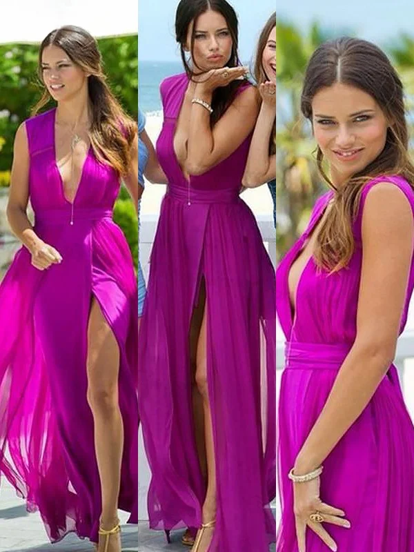 Women's High-Fashion Clothes Contemporary Elegance A-Line/Princess Floor-Length 30D Chiffon Sleeveless V-neck Bridesmaid Dresses