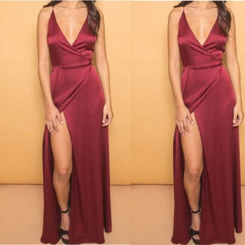 Women's Outfit For The Office Chic Urban Fashion Look Spaghetti Burgundy Straps Sexy Evening Dress Long Party Gown Vestido De Festa 2018