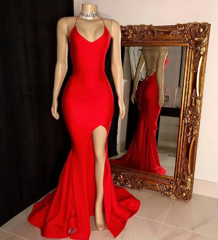 Women's Clothes And Apparel Casual Weekend Relaxed Style RED SATIN LONG PROM DRESS MERMAID EVENING DRESS   cg15753