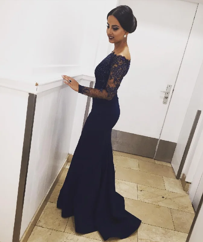 Women's Casual Wear Clothing Rustic Countryside Charm Look Off the Shoulder Mermaid Evening Dresses Long Sleeves Lace Women Formal Gowns Royal Blue