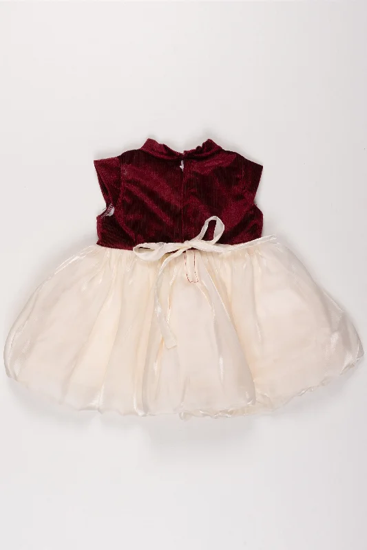 Women's Casual Outfit Classic Charm Maroon and Ivory Tulle Party Dress with Satin Bow for Girls