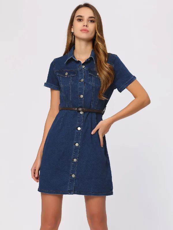 Classic Women's Clothing Styles End - of - Month Blowout Denim Lapel Short Sleeve Belted Button Up Shirt Dress