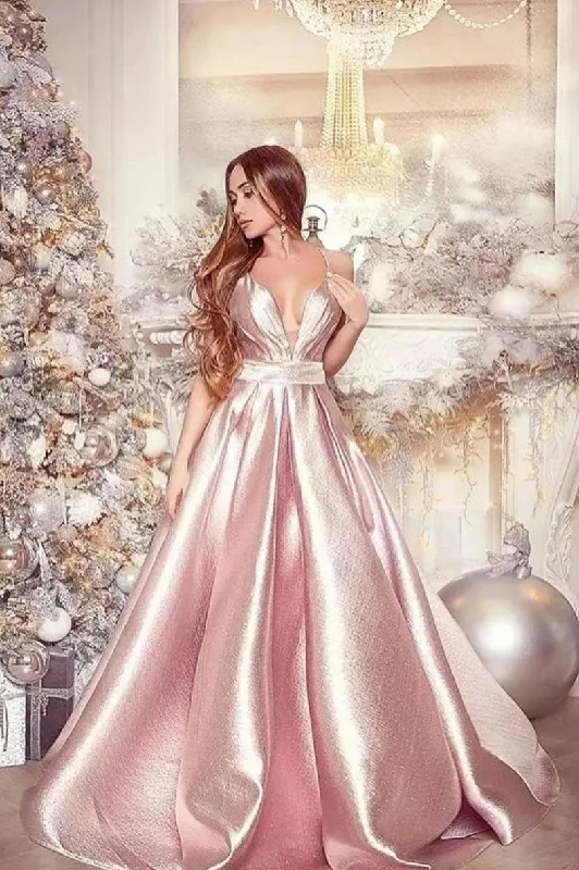 Affordable Women's Clothes Limited - Time Bundle Simple v neck pink satin long prom dress pink evening dress   cg15571