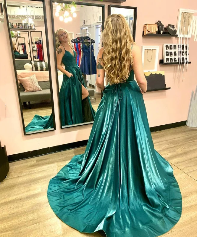 Vintage Clothing For Women Feminine Soft - Hued Styles GREEN SATIN LONG PROM DRESS SIMPLE EVENING DRESS   cg15125