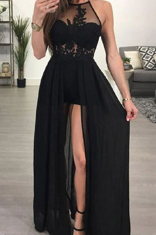 Women's Athletic Outfit Elegant Contour Gorgeous Black Halter Sexy Long Evening Dress Lace Backless Prom Party Gown 2020