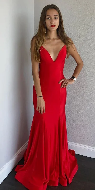 Women's Clothing For Holiday Travel Elevated Style Red Satin Sexy V-Neck Spaghetti Straps Mermaid Prom Dress cg4482