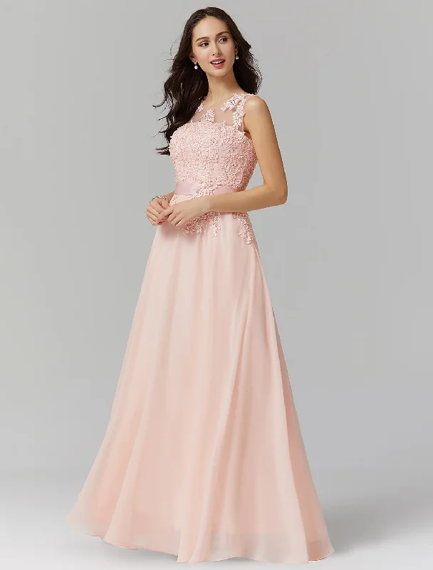 Women's Formal Event Clothing Vintage Elegance A-Line Bridesmaid Dress Jewel Neck Sleeveless Elegant Floor Length Chiffon / Lace with Appliques