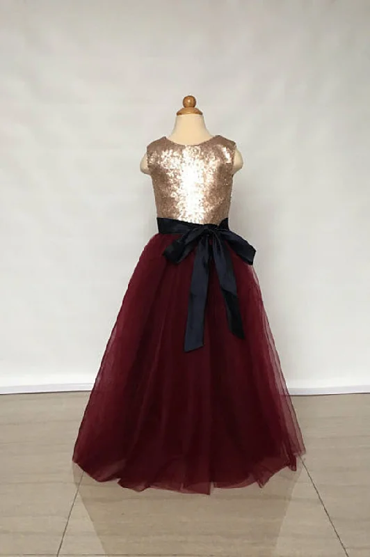 Women's Comfortable Clothes For Weekends Buy More, Save More Floor Length Sleeveless Gold Sequin Burgundy Tulle Flower Girl Dresses with Black Sash F019