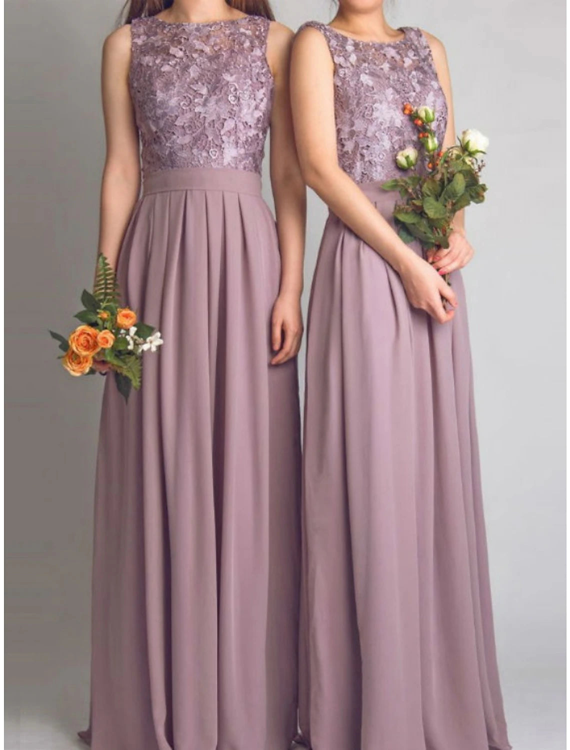 Women's Activewear Garments Boho - Chic Festival - Ready Style A-Line Bridesmaid Dress Scoop Neck Sleeveless Elegant Floor Length Chiffon with Lace / Ruching