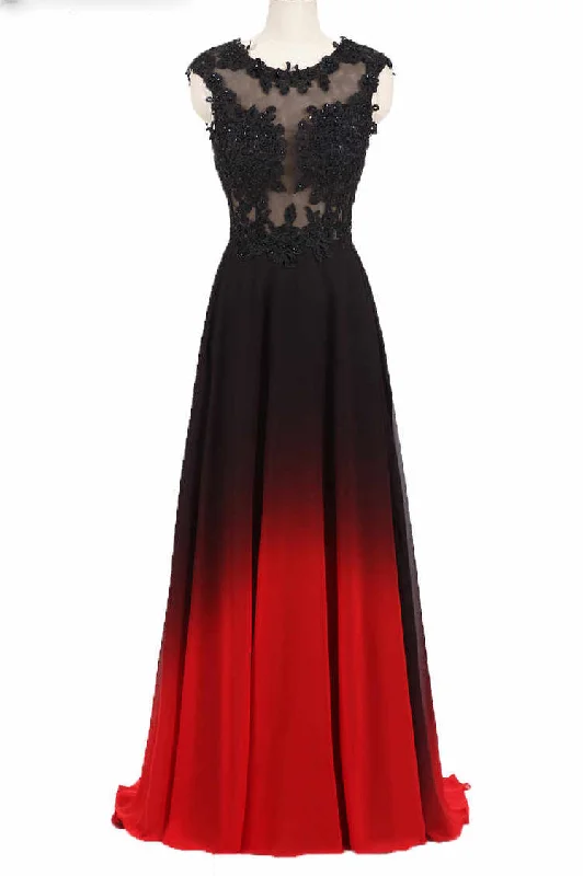 Casual Chic Women's Clothes Flash Deals Red and Black Sleeveless Lace Appliqued Ombre Prom Dress