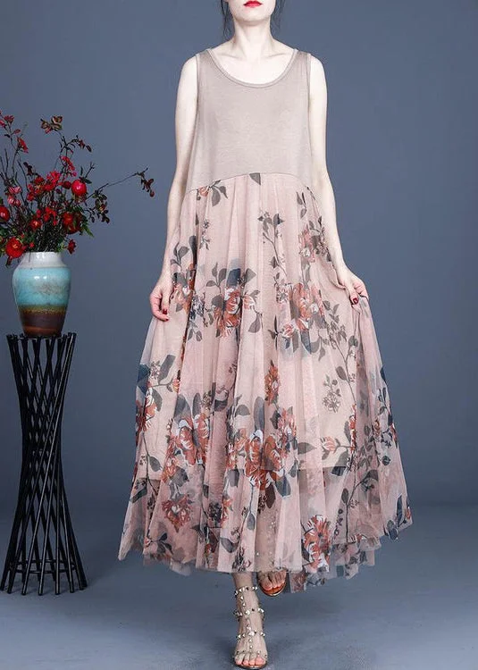 Women's Occasion Wear Clothes Rustic Countryside Charm Look Vintage Pink Print Lace Dress O-Neck Sleeveless Summer Dresses