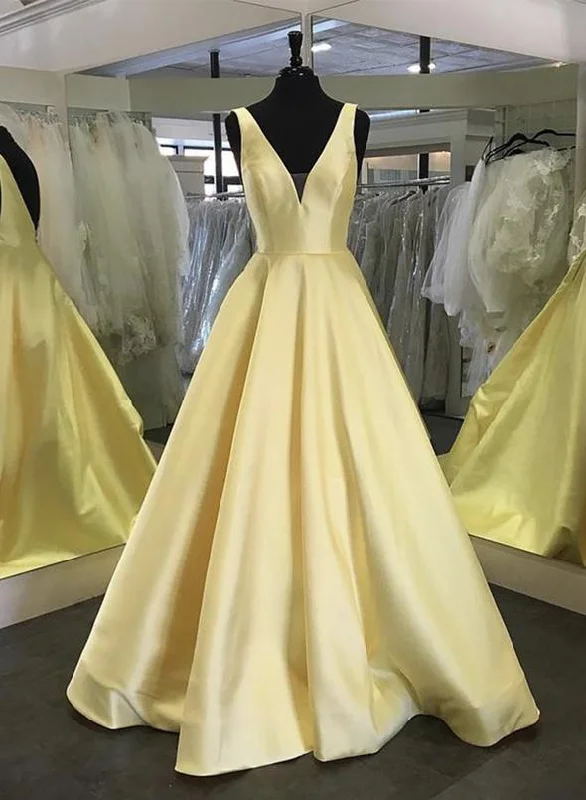 Women's Vacation Clothes Subtle Sophistication Yellow v neck satin long prom dress evening dress   cg15509