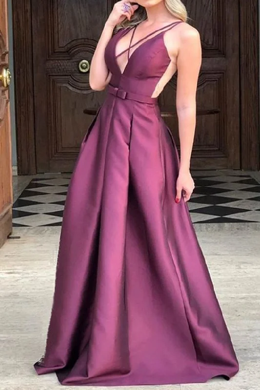 Women's Plus-Size Apparel Chic Urban Fashion Look Straps V Neck Satin Long Prom Dress Formal Evening dress cg6097