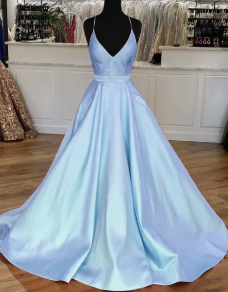 Affordable Women's Clothing Feminine Flow Light Blue Satin V-neck Cross Back Prom Dresses cg5221