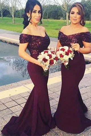 Stylish Women's Attire Mid - Season Sale Stunning Off Shoulder Sweep Train Burgundy Mermaid Bridesmaid Dress with Sequins