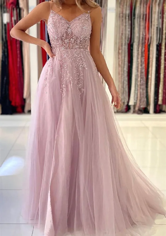 Women's Evening Clothing Romantic Date - Night Ensemble Women Tulle Long Prom Dress with Beadings Side Slit Evening Gowns Princess Formal Party Dress YPD752