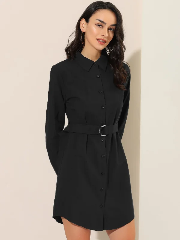 Women's Vintage-Inspired Clothing Charming Silhouette Belted Roll Up Sleeve Button Up Collared Shirt Dress