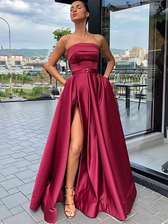 Women's Effortless Casual Outfit Ethnic Cultural Event Wear A Line High Slit Burgundy Satin Long Prom Dresses, High Slit Burgundy Satin Long Formal Evening Dresses cg2612