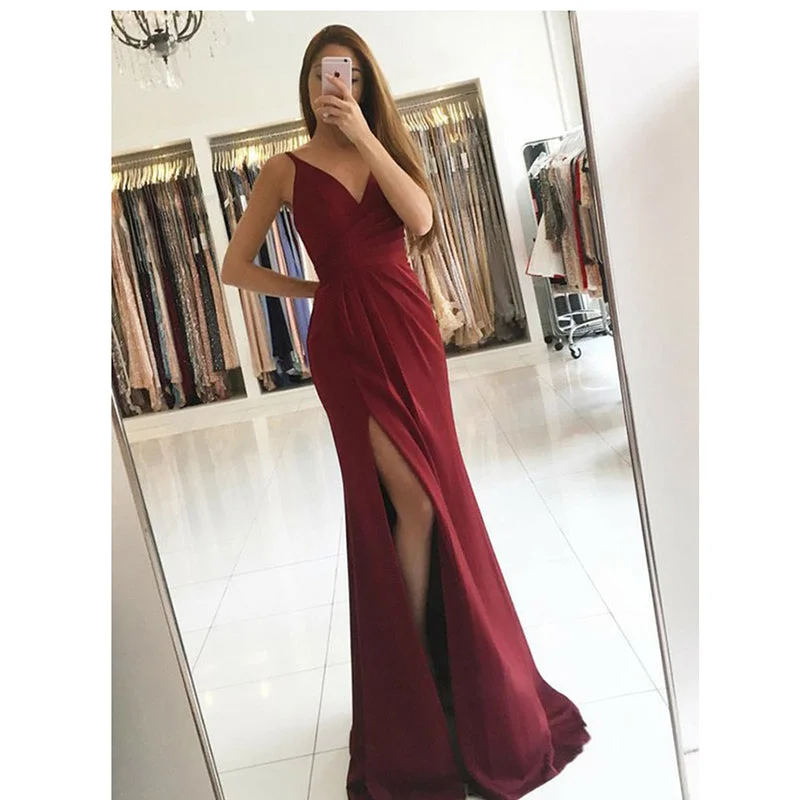 Women's Party Outfit Feminine Grace Elegant Dark Red Spaghetti Straps V Neck Long Evening Dress Long Prom Gown with Slit LP