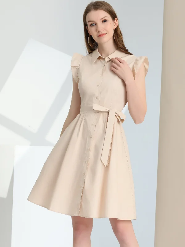 Women's Elegant Clothing Sets Playful Elegance Office Ruffled Sleeve Belted Cotton Button Midi Shirt Dress