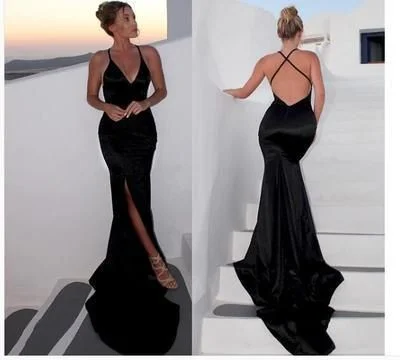 Women's Outdoor Activity Garments Mid - Season Sale Mermaid Black Prom Dress, V-neck Satin Prom Dresses, Backless Long Prom Gown  cg6646