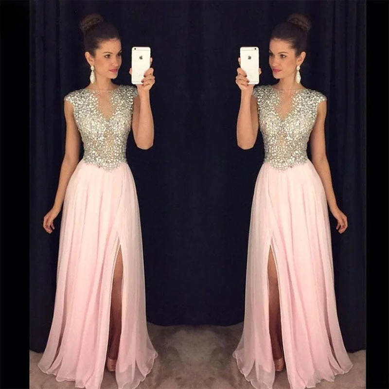 Women's Layered Outfit Minimalist Office - Ready Style Amazing Crystal A Line Chiffon Prom Formal Dresses Women Long Cap Sleeves Graduation Party Gown