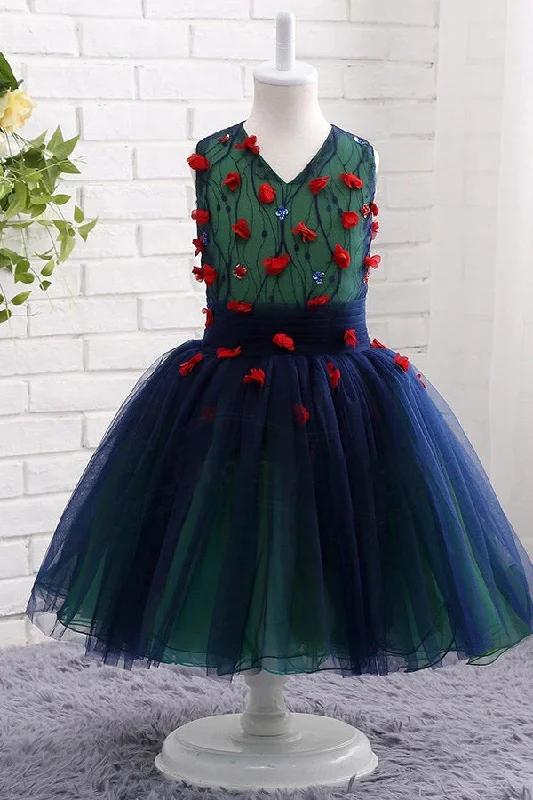 Women's Cozy Clothes Final Clearance A Line Sleeveless Cute V-Neck Tulle Flower Girl Dresses with Red Appliques F056