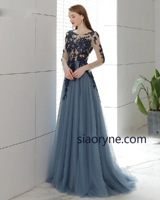 Women's Trendy Apparel Buy More, Save More Vintage Blue Open Back Long Evening Dress, Lace Mother of the Bride Gown Full Sleeves Robe De Soiree MD002