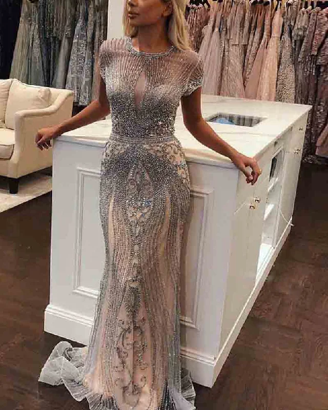 Affordable Luxury Women's Apparel Classic Charm Luxury Champagne Beading Mermaid Long Evening Dresses Formal Gown PL2141