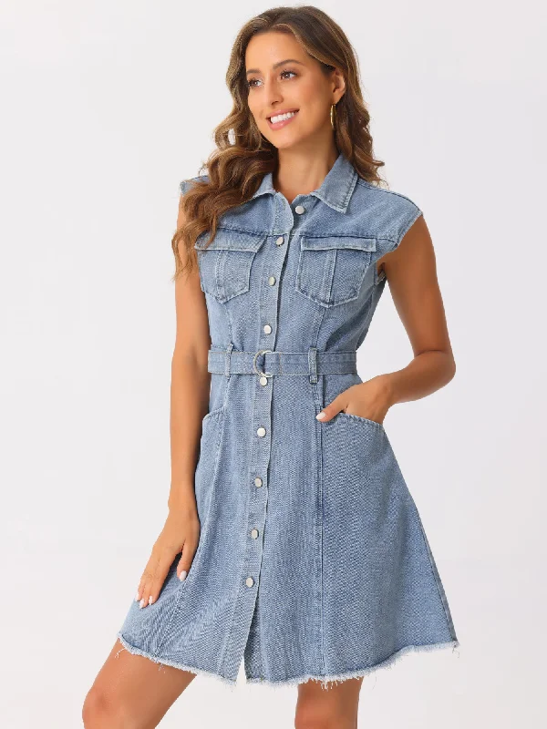 Women's Fashion Clothes Vintage Elegance Denim Button Down Lapel Belted A-Line Pockets Mini Shirt Dress