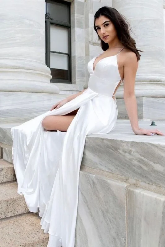 Women's Work Apparel Contemporary Elegance White Satin Long Prom Dress    cg15871