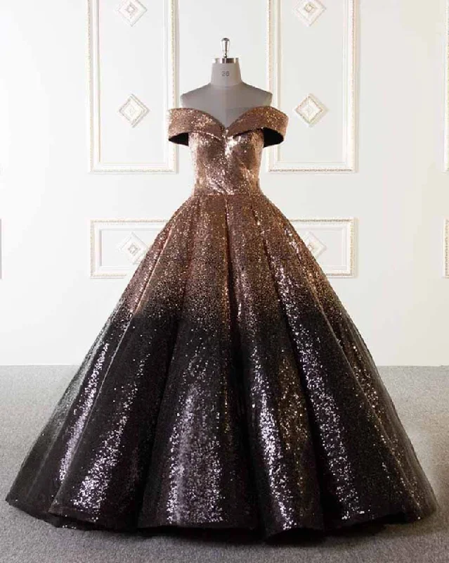 Women's Vintage Clothes Limited - Stock Luxury Sparkly Ball Gown Dresses Gold and Black Sequins Prom Evening Dresses PL749