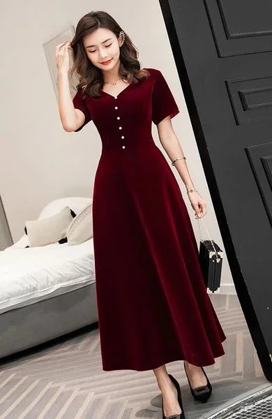 Women's Urban Clothing Vintage Elegance Wine Red Tea Length Short Sleeves Vintage Style Party Dress, Velvet Bridesmaid Dress   S3248